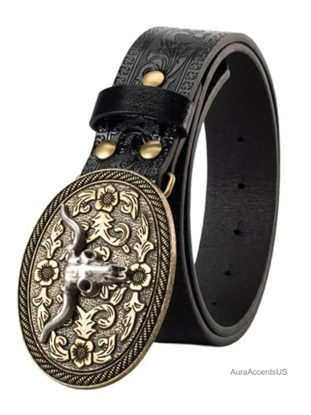 Western PU Leather Belt with Engraved Longhorn Bull Buckle - Unisex Rodeo